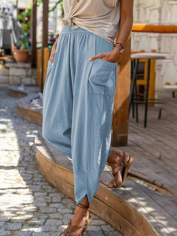Calças femininas de praia, primavera verão, vintage, boho, algodão, linho, cintura alta, lisas, soltas, bolsos, calças casuais
