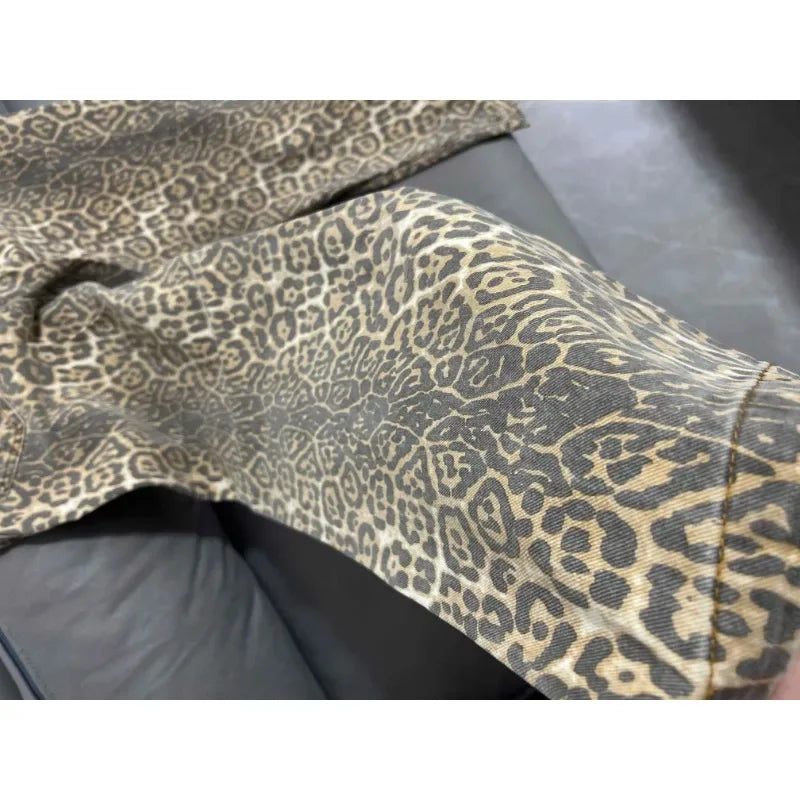 Calça jeans feminina americana retrô com estampa de leopardo, cintura alta, larga, casual, com bolsos, hip-hop, primavera/verão 2000, calça jeans pantera grande