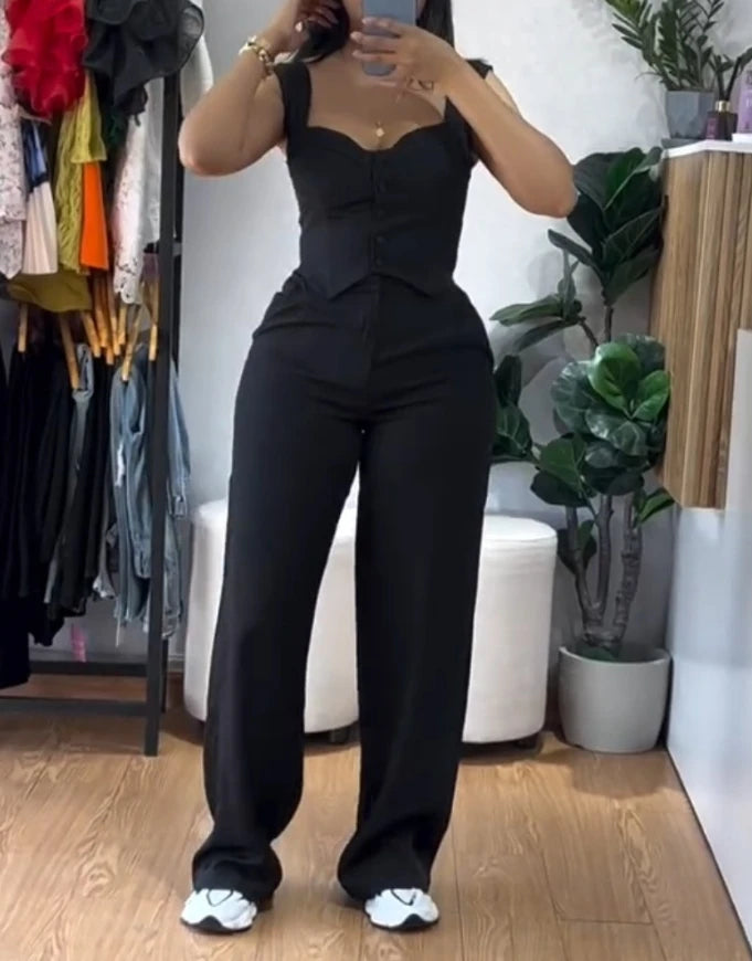 Conjunto feminino de duas peças para blusa regata de alças grossas com botões frontais, modelagem justa e calça pantalona de cintura alta