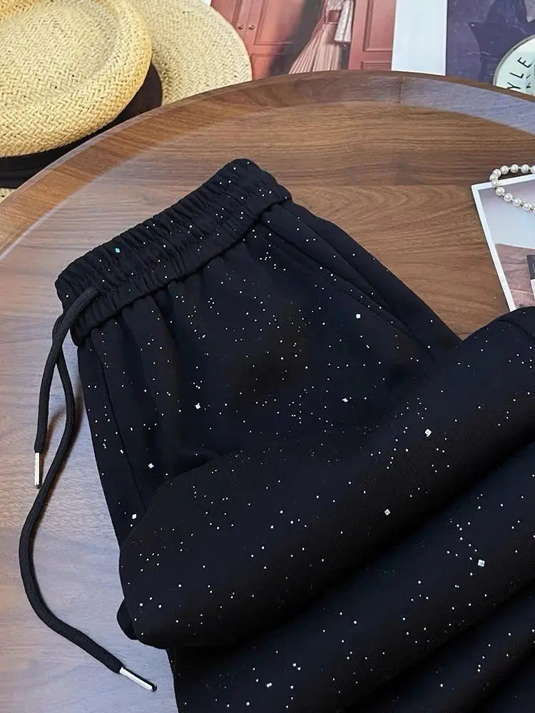 Shiny Ice Silk Wide Leg Pants Women Summer New High Waist Straight Casual Sports Long Trousers Children's Matching Pants