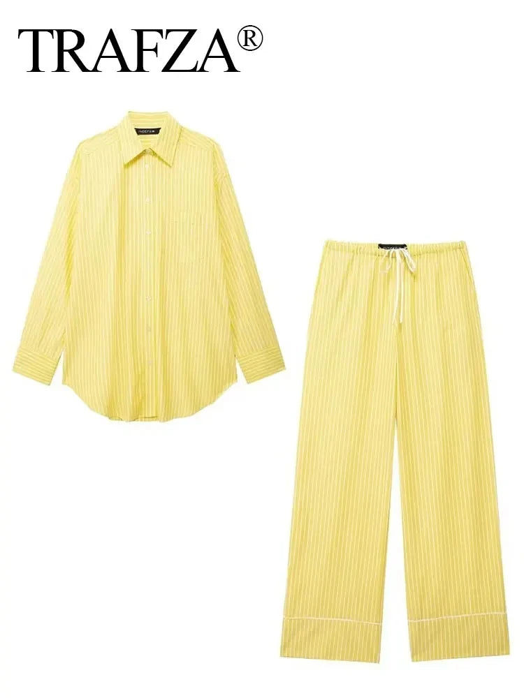 TRAFZA Blusa Listrada Amarela Feminina Calça Terno Camisa Solta Manga Longa Calças com Cordão