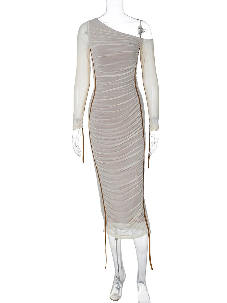 Hugcitar Mesh Solid Diagonal Collar Long Sleeve Draped Sexy See Through Bodycon Maxi Dress Summer Fashion Clothes Festival Club