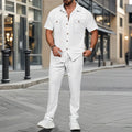 Conjunto de duas peças masculino, camisa casual leve, cor sólida, bolso com botão, tendência waffle, manga curta, calça, verão 2025