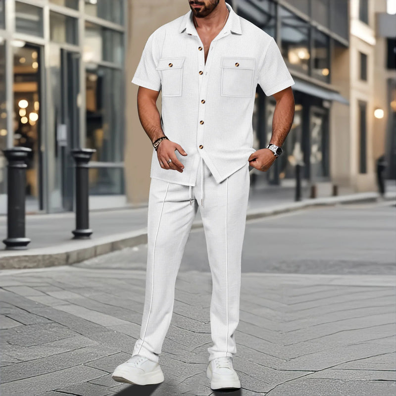 Conjunto de duas peças masculino, camisa casual leve, cor sólida, bolso com botão, tendência waffle, manga curta, calça, verão 2025