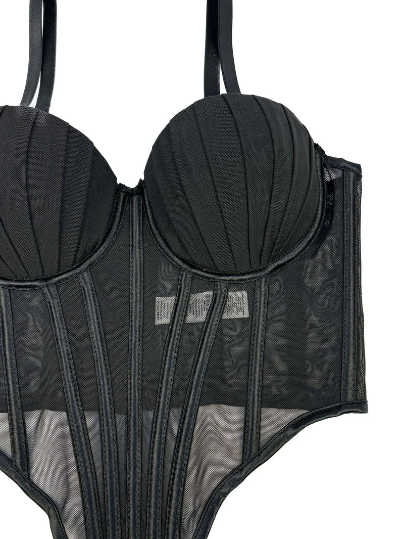 Corpete transparente de malha feminino, faixa espinha de peixe na cintura, corpete bustiê, tops sensuais