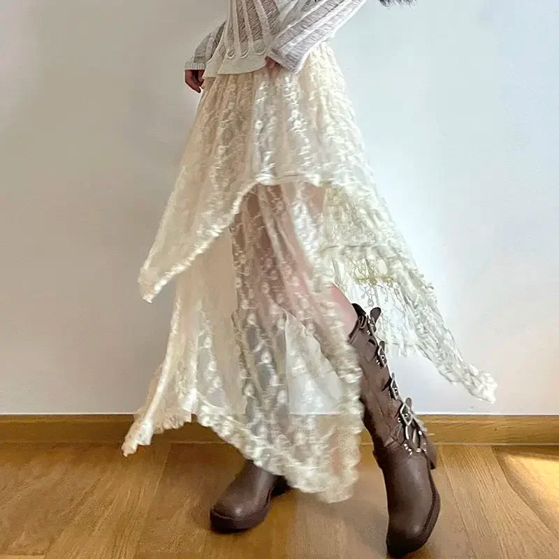 Saia assimétrica de renda Fairycore feminina vintage Y2K Boho estética moda cintura alta saias médias femininas roupas de férias