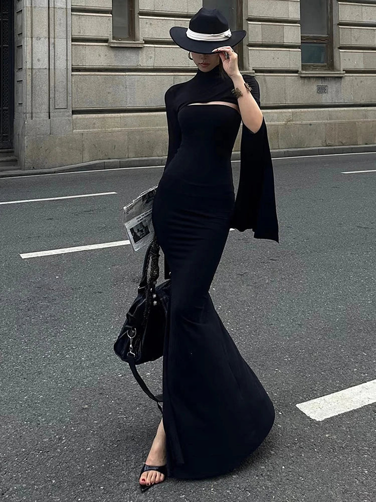 Nibber Fashion Chic 2-Piece Set Women Strapless Split Maxi Dress+Super Short Half-Sleeve Turtleneck Top Matching Elegant Outfits