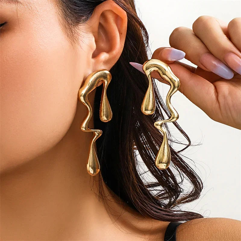 Creative Metal Irregular Water Drops Stud Earrings for Women Vintage Gold Color Geometric Long Earrings Jewelry Gifts