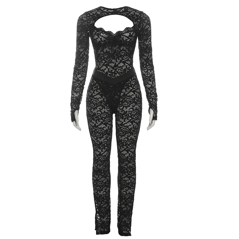 Weird Puss See Through 2 Piece Set Women Sexy  Hollow Jacquard Backless Bodysuit+Leggings Tight Activity Clubwear Skinny Outfits