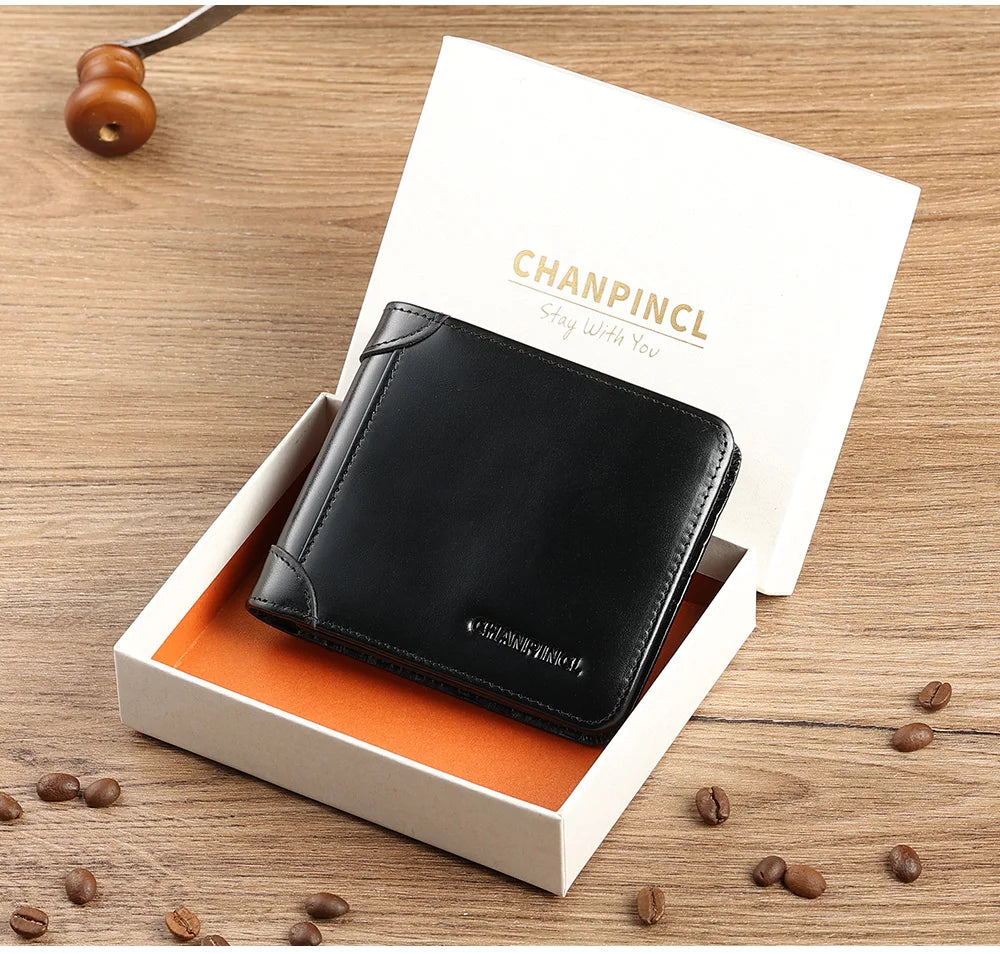 CHANPINCL Men's Italian Top-Grain Cow Leather Short Tri-Fold Wallet – RFID Blocking & Gift Box