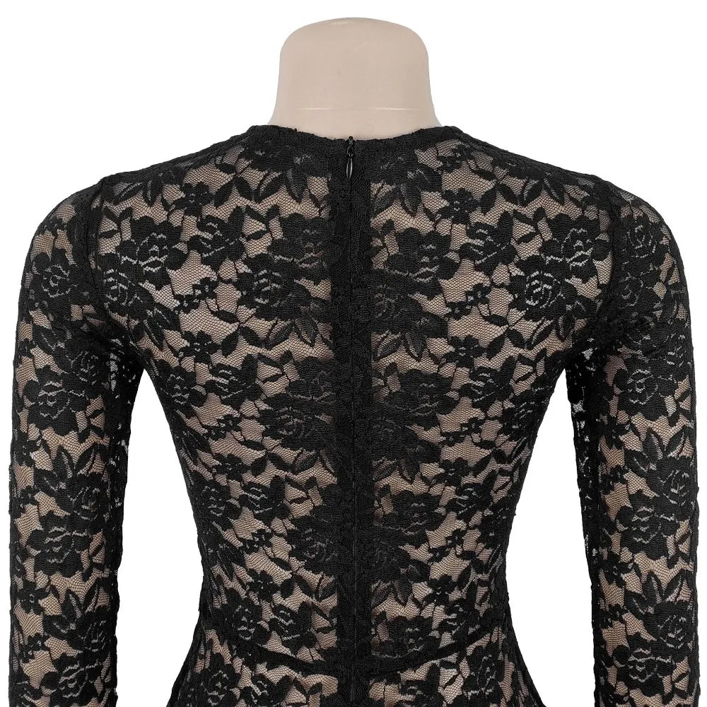 FLARORA Sexy Lace Hollow See Through Jumpsuits Woman O Neck Full Sleeve Peach Hip Slim Jumpsuit Midnight Party Clubwear Overalls
