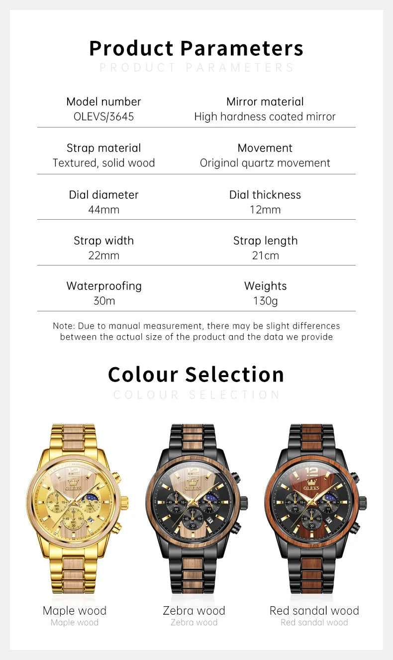 OLEVS 3645 Mens Watch Top Brand Business Original Quartz Watch Solid Wood Multifunctional Chronograph Watch Moon Phase Reloj New