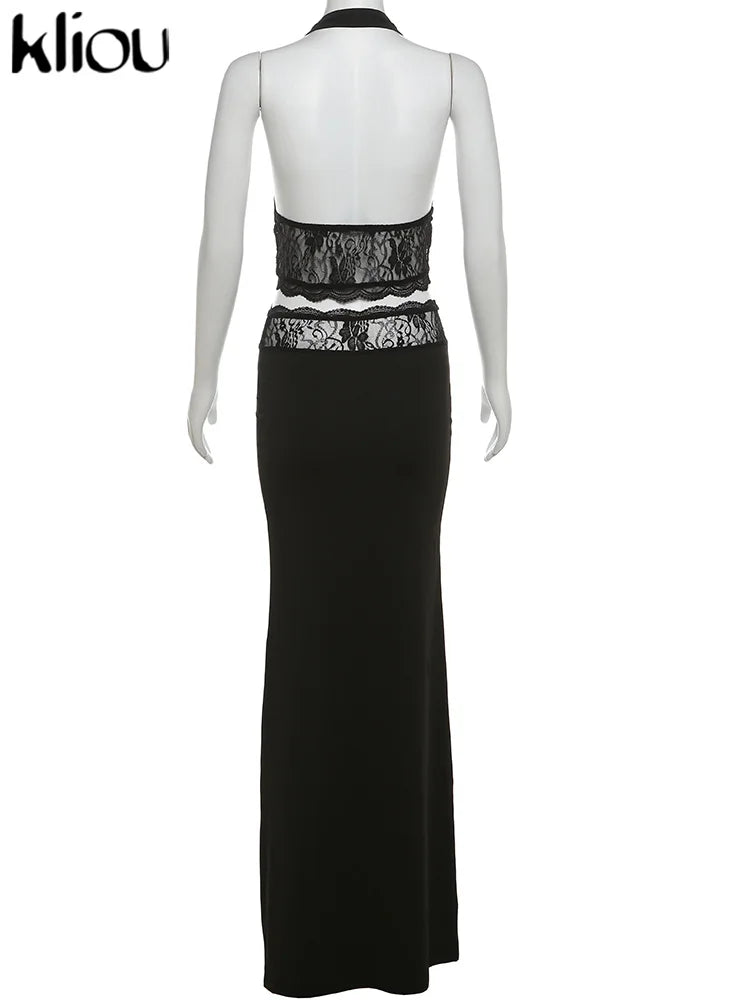kliou Lace Patchwork Women 2 Piece Set Halter Fashion Backless Sheer V-neck Tanks+Trim Matching Long Skirts Mujer Elegant Suits