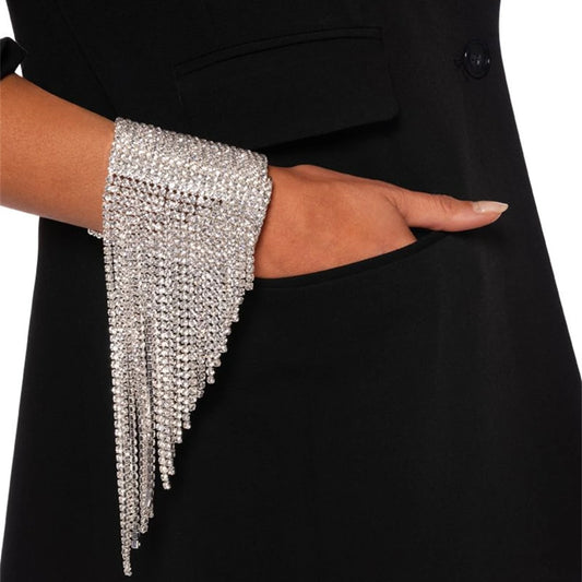 Fashion Large Rhinestone Cuff Bracelet for Women Girls Sparkly Shine Elegant  Long Tassel Design Stage Party Wrist Jewelry