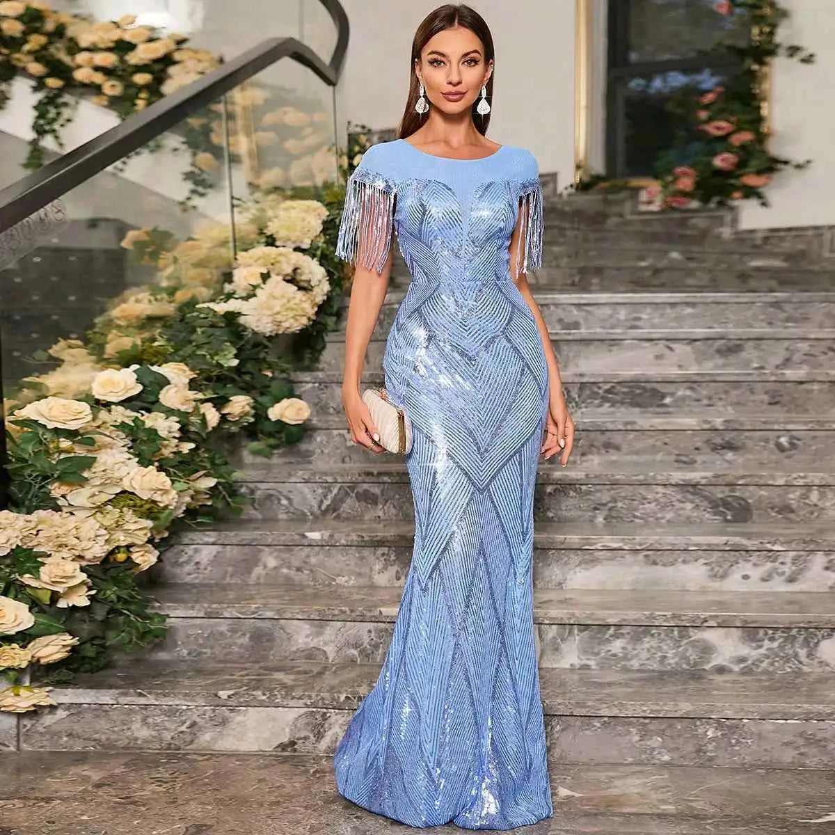 Unithorse Elegant Fringe Trim Mermaid Hem Sequin Prom Dress