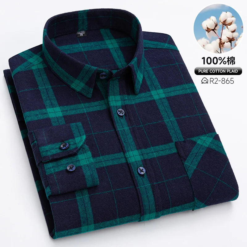 Pure Cotton Men's Plaid Shirt Long Sleeve Regular Fit Men Casual Oversized Shirt Leisure Autumn Male Clothes New Plus Size