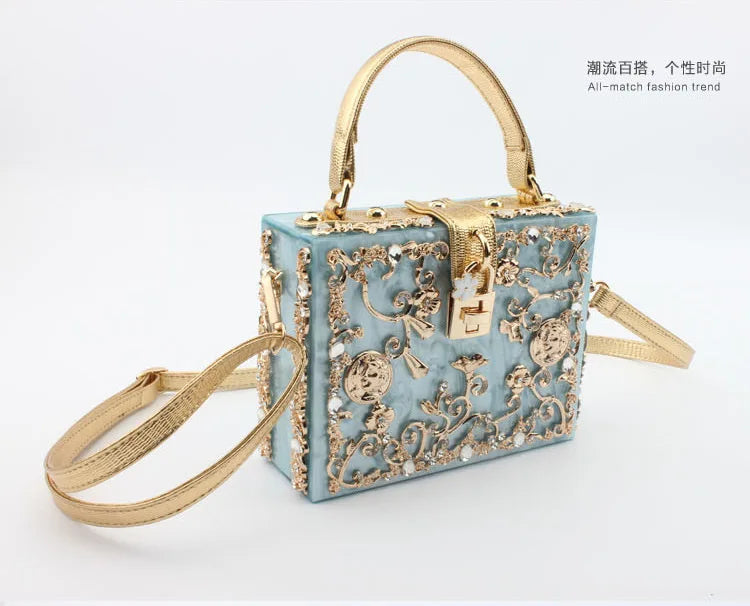 Box Designer evening bag diamond flower Clutch Bag hollow relief Acrylic luxury handbag banquet party purse women's Shoulder bag