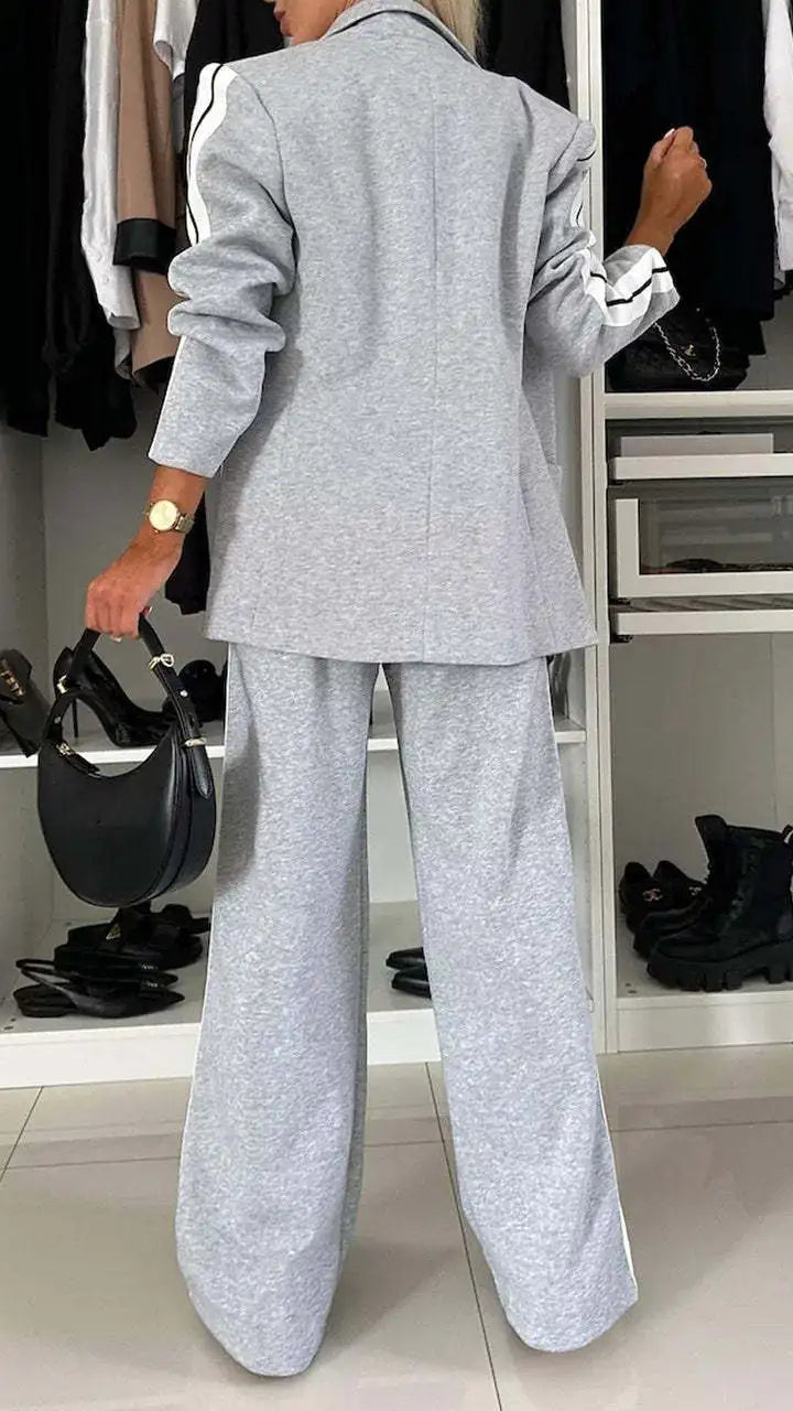 Modern Office Commute Women's Suit Set Loose Fit Long Pants High Waist Striped Casual Sportswear Long Sleeve Button up Coat