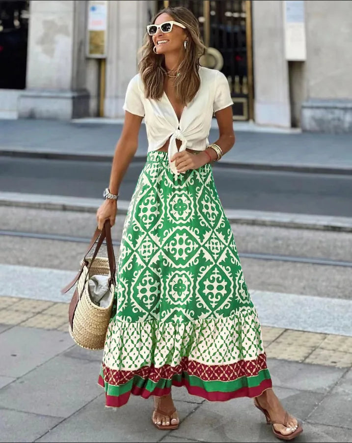 Saia maxi estampa boho feminina moda cintura alta impressão 3D vestido longo casual solto verão saias de cintura alta
