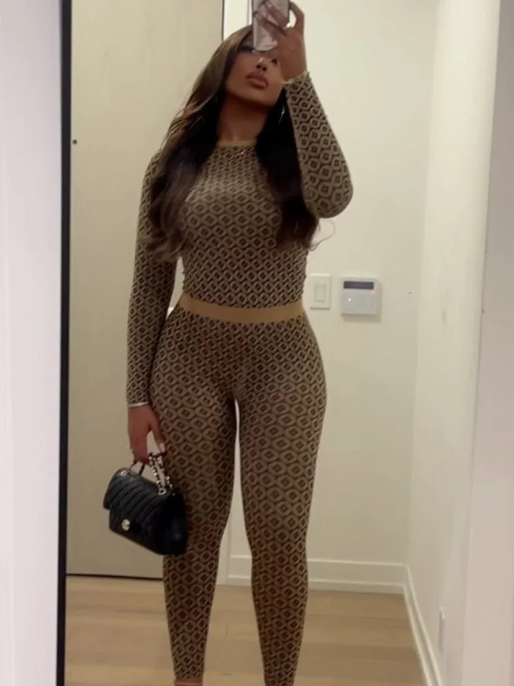 Conjunto de calças femininas elásticas, elegantes, com estampa slim fit, gola redonda, manga comprida, top curto, 2025, novas roupas femininas para primavera