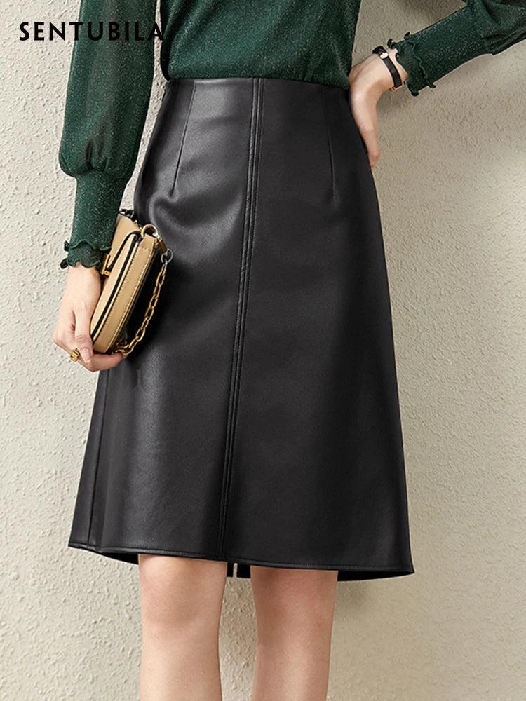 SENTUBILA Black PU Leather Skirt for Women 2024 Spring Fashion Luxury Knee-Length High Waist Skirts Female Clothing 123Q43042 - CRAVO ROSE