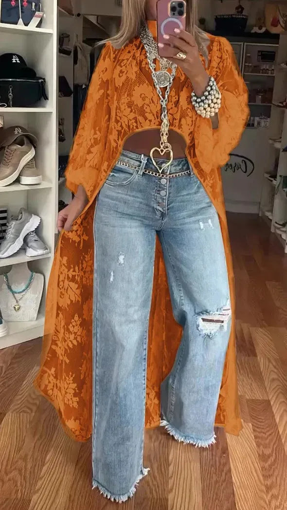 Blusa feminina nova moda 2025 com renda floral e gola alta, manga bufante, frente vazada, curta e longa