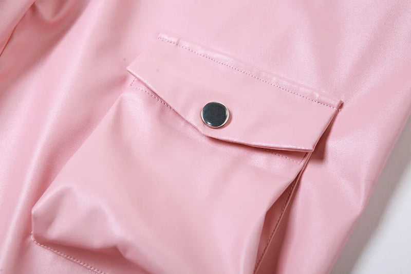Calças casuais de couro sintético com perna reta e bolsos lisos, cintura alta, moda feminina