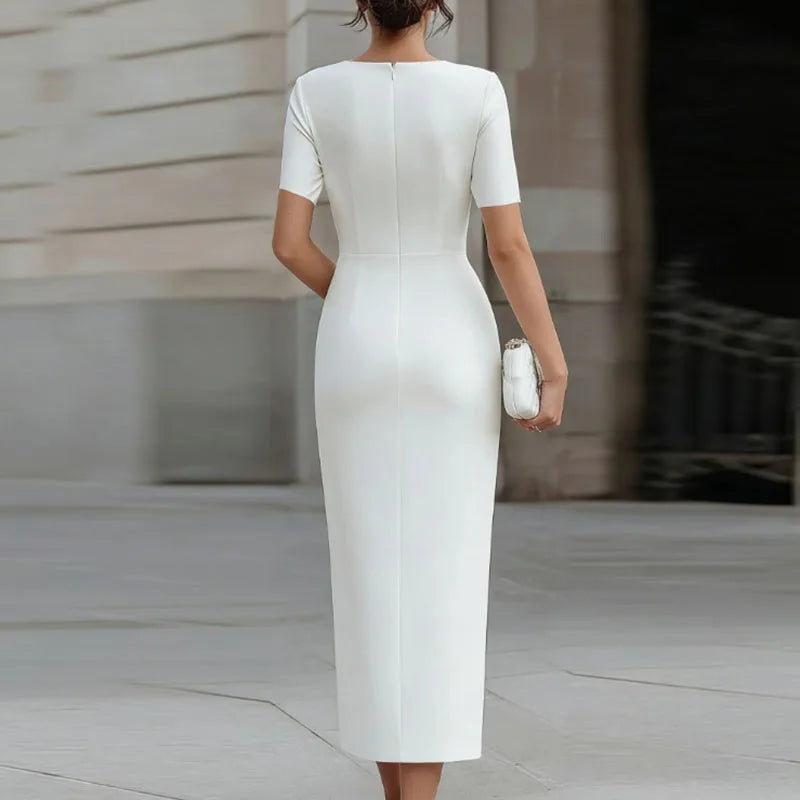 Classic Solid Pencil Hips Dress Women Summer Short Sleeve Pleated High Waist Office Dress Elegant Evening Guest  Bodycon Dresses