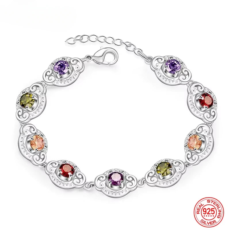 Fine 925 Sterling Silver Fashion Crystal Charm Bracelet  Bangle For Women lady wedding party lover gift Jewelry Party Gifts
