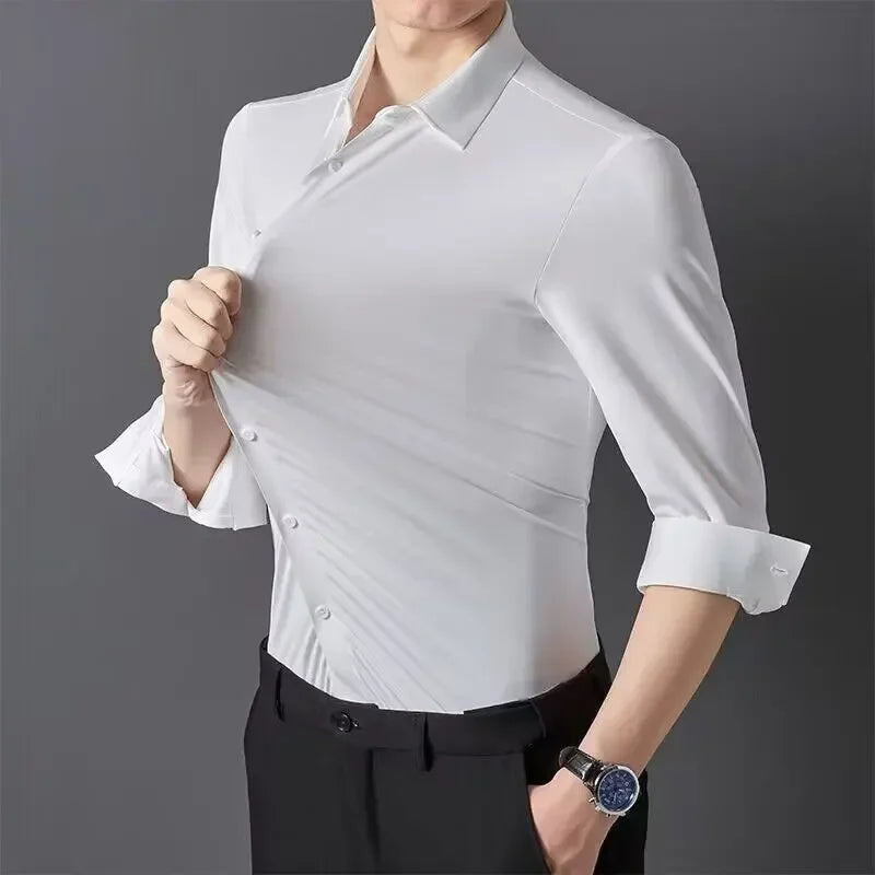 Camisa masculina premium ultraelástica - Camisa formal de manga comprida de seda de alta qualidade para uso social e casual