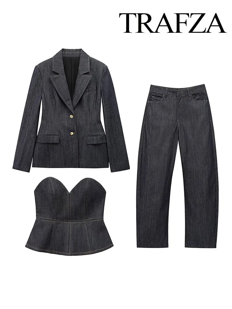 TRAFZA 2025 Conjunto de Blazer e Calça Jeans , Casaco Slim com Gola Redonda + Corpete com Decote em V + Jeans Feminino Vintage de Perna Larga