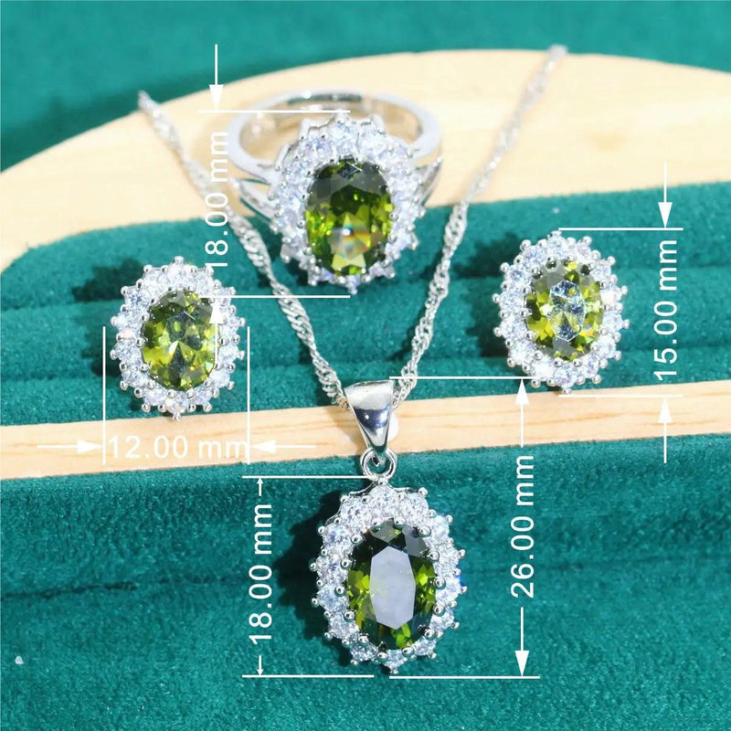 Luxurious 925 Silver Jewelry Sets For Women Olive Green Blue Zircon Earrings Necklace Pendant Open Ring Bracelet Dating Gifts - CRAVO ROSE