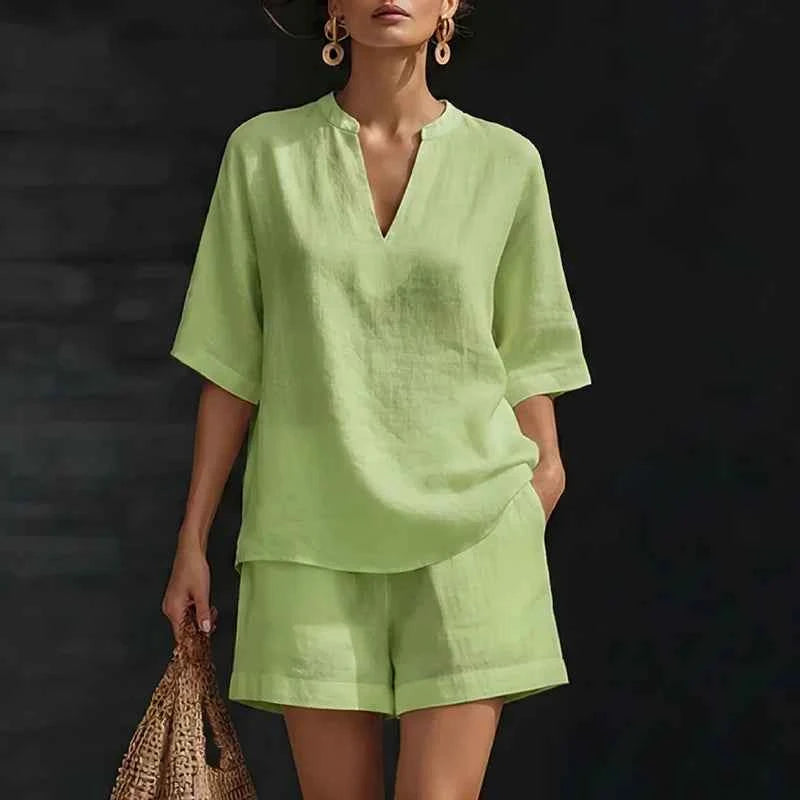 Summer Casual Cotton Linen Two Piece Set For Women V Neck Short Sleeve Shirt High Waist Pocket Short Suit Women Comfortable Set