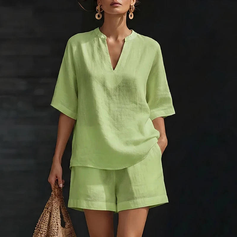 Summer Casual Cotton Linen Two Piece Set For Women V Neck Short Sleeve Shirt High Waist Pocket Short Suit Women Comfortable Set