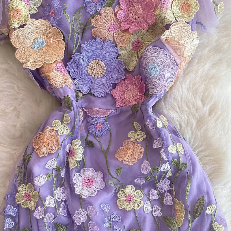 Summer High-end Embroidery Lace Prom Dress Women French Luxury 3D Flower Short Sleeve Long Dress Party Bodycon Holiday Vestido