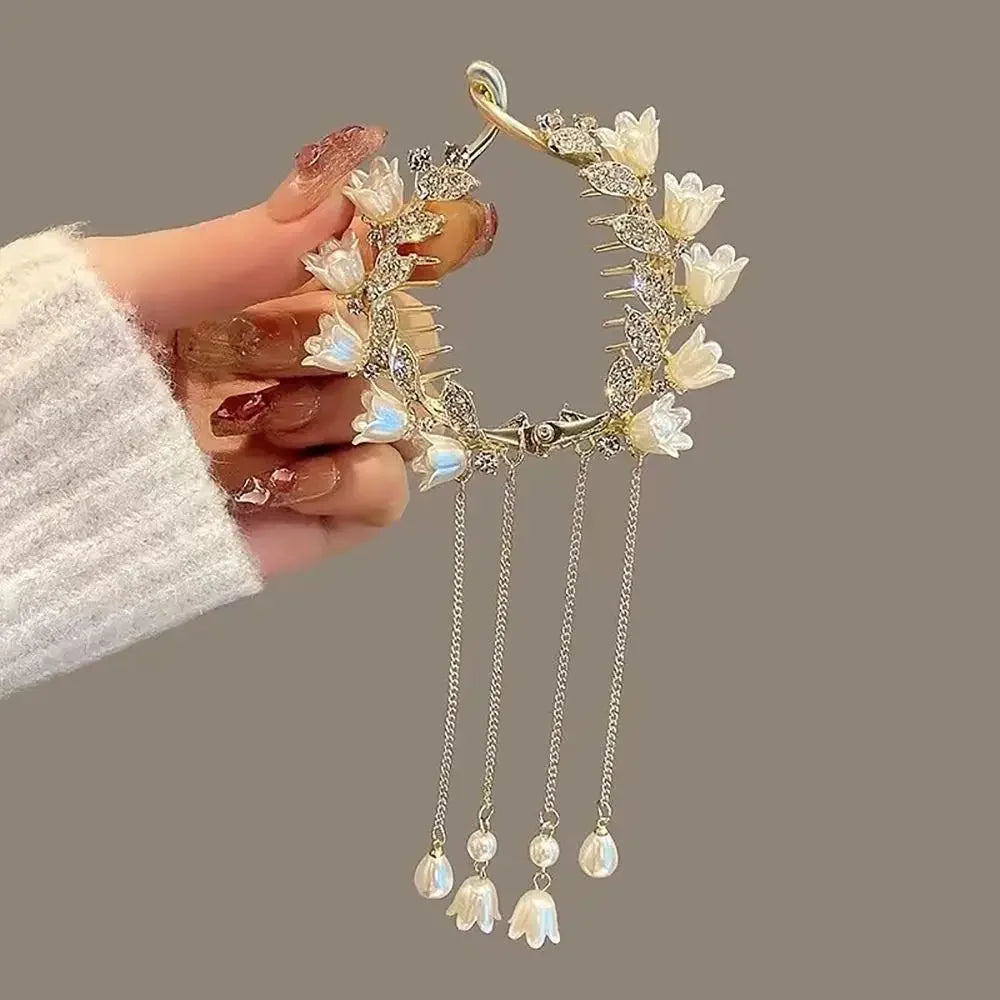 Chinese Style Flower Tassel Hair Bun Buckle High Ponytail Buckle Pearl Chain Pan Hair Claw Clip Fashion Lovely Alloy Headwear