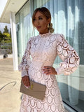 Mandylandy French Lace Women Dress Solid Color Stand Collar Long Puff Sleeve Dress High Waist Slim Fits Elegants Party Dress