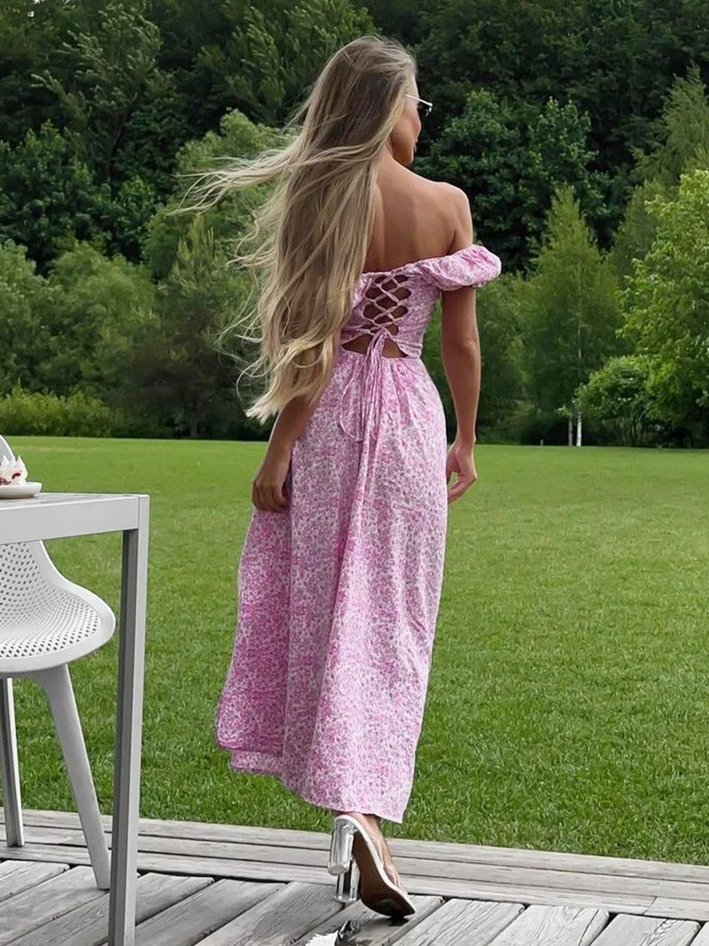 Vestido floral Wolfeel com ombros de fora, elegante, longo, slim fit, estampado, sexy