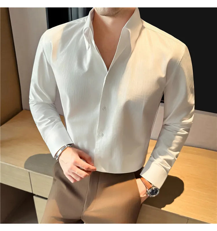 2026 Spring Fashion Big Collar Design Long Sleeved Shirt High Quality Men's Business Slim Fit Social Tuxedo Cotton Shirts