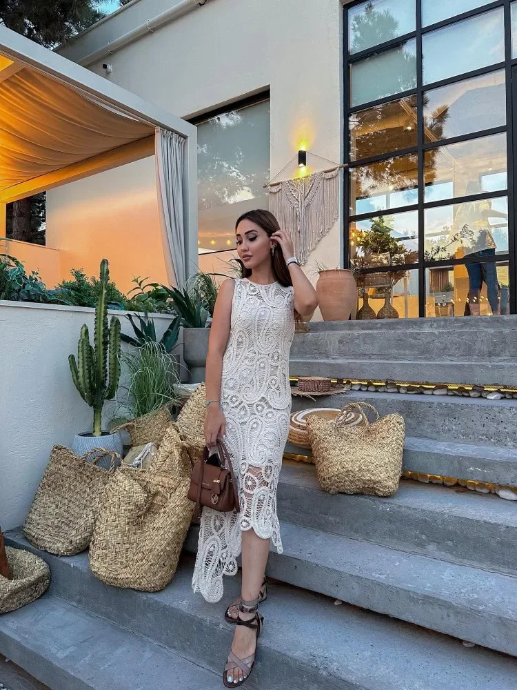 Crochet Knitted Asymmetric Women's Dress Set Chic O-neck Sleeveless Top Short Lining Skirt Suit 2023 Fashion Fairy Sweet Outfits