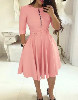 Urban Style for Women 2024 Sprin Summer Medium Length Skirt Elegant Sexy U-Shaped Collar Solid Color Zipper Print One Step Dress