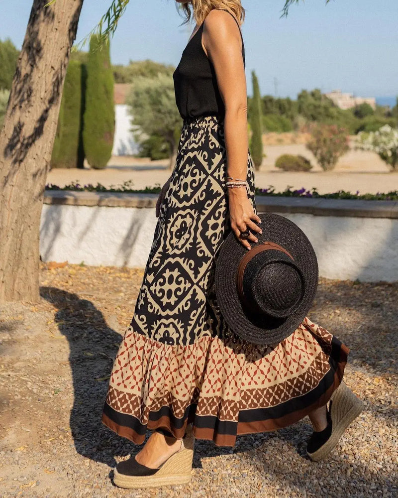 Saia maxi estampa boho feminina moda cintura alta impressão 3D vestido longo casual solto verão saias de cintura alta