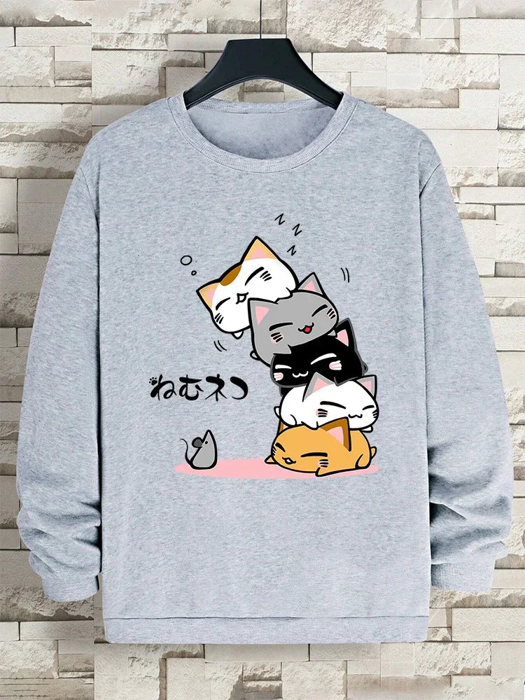 Moletom fofo com gatos empilhados,  masculino com capuz, hip hop, gola redonda, vintage, casual, solto, com capuz, outono, novas roupas soltas