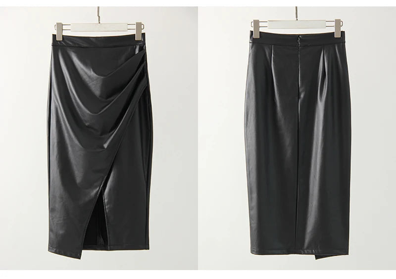 Women Midi Leather Skirt Sexy Split High Waist Zipper PU Front Slit Skirts Ladies Black Faux Leather Folded Skirt For Women