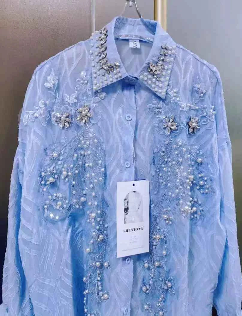 Luxury Pearls Beads Stitch Blue Blouses Shirts For Women 2025 Spring Summer New Fashion Trend Loose Casual Tops Blusas