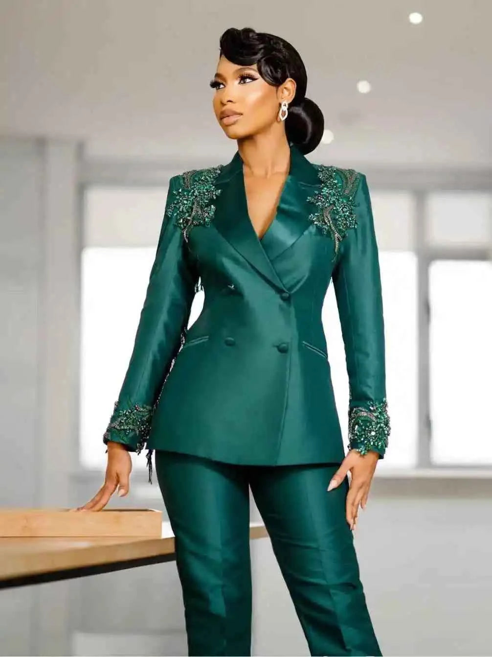 Fashion Crystals Women Suits 2 Pieces Double Breasted Office Ladies Work Pant Sets Beadeds Birthday Party Customized