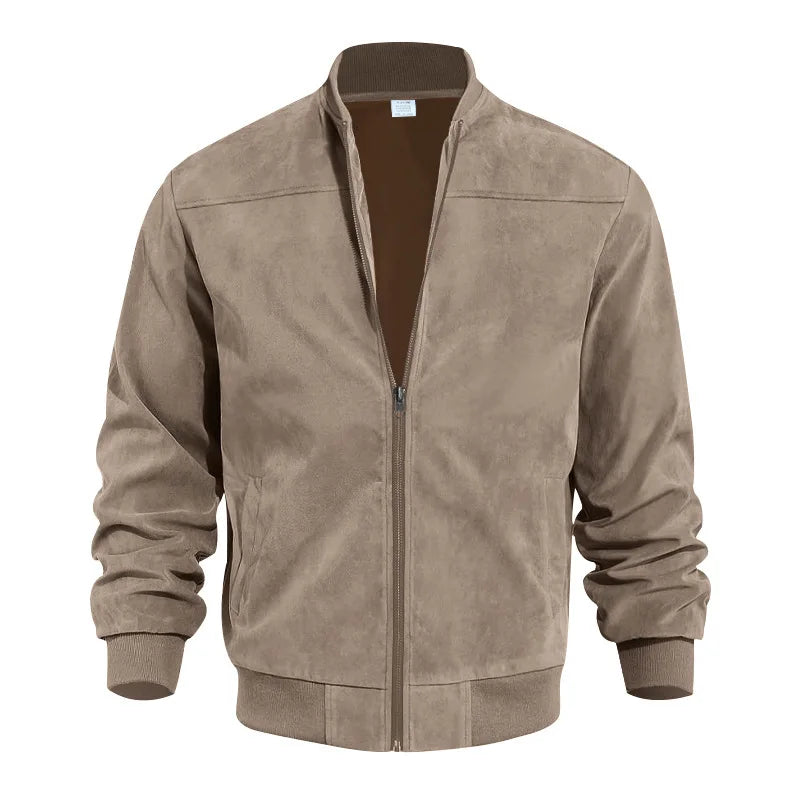 Men's Business Casual Suede Jacket Zipper Collar Warm Sporty Outerwear Polyester Fabric Long Sleeve round Hem Knitted Sleeve