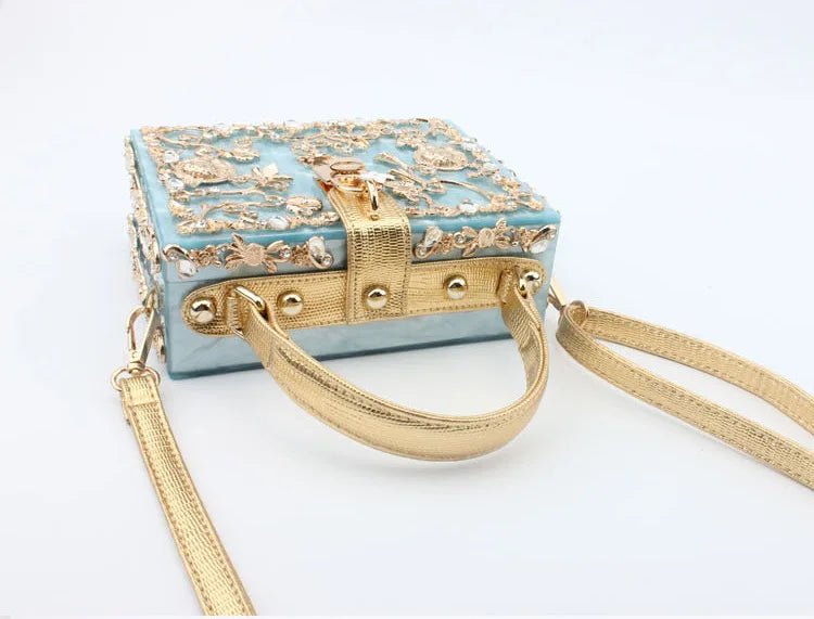 Box Designer evening bag diamond flower Clutch Bag hollow relief Acrylic luxury handbag banquet party purse women's Shoulder bag