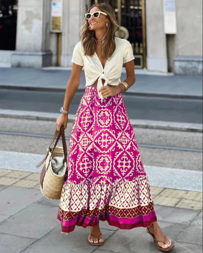 Saia maxi estampa boho feminina moda cintura alta impressão 3D vestido longo casual solto verão saias de cintura alta