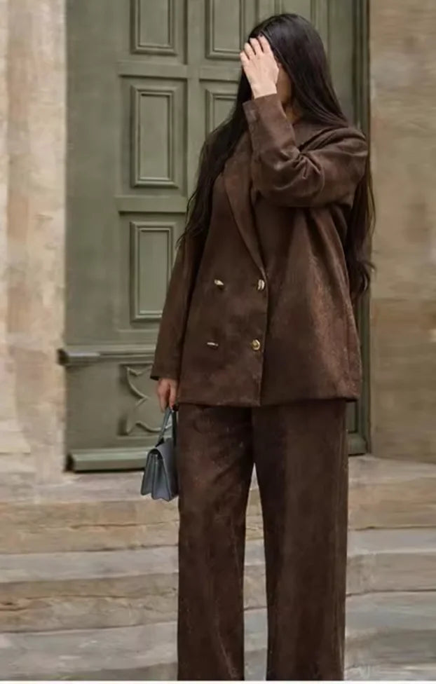Women's Suit 2026 Spring New Style Reddish-Brown Long Sleeve Draped Pleated Decorative Simple Blazer and Trousers Set Fashion
